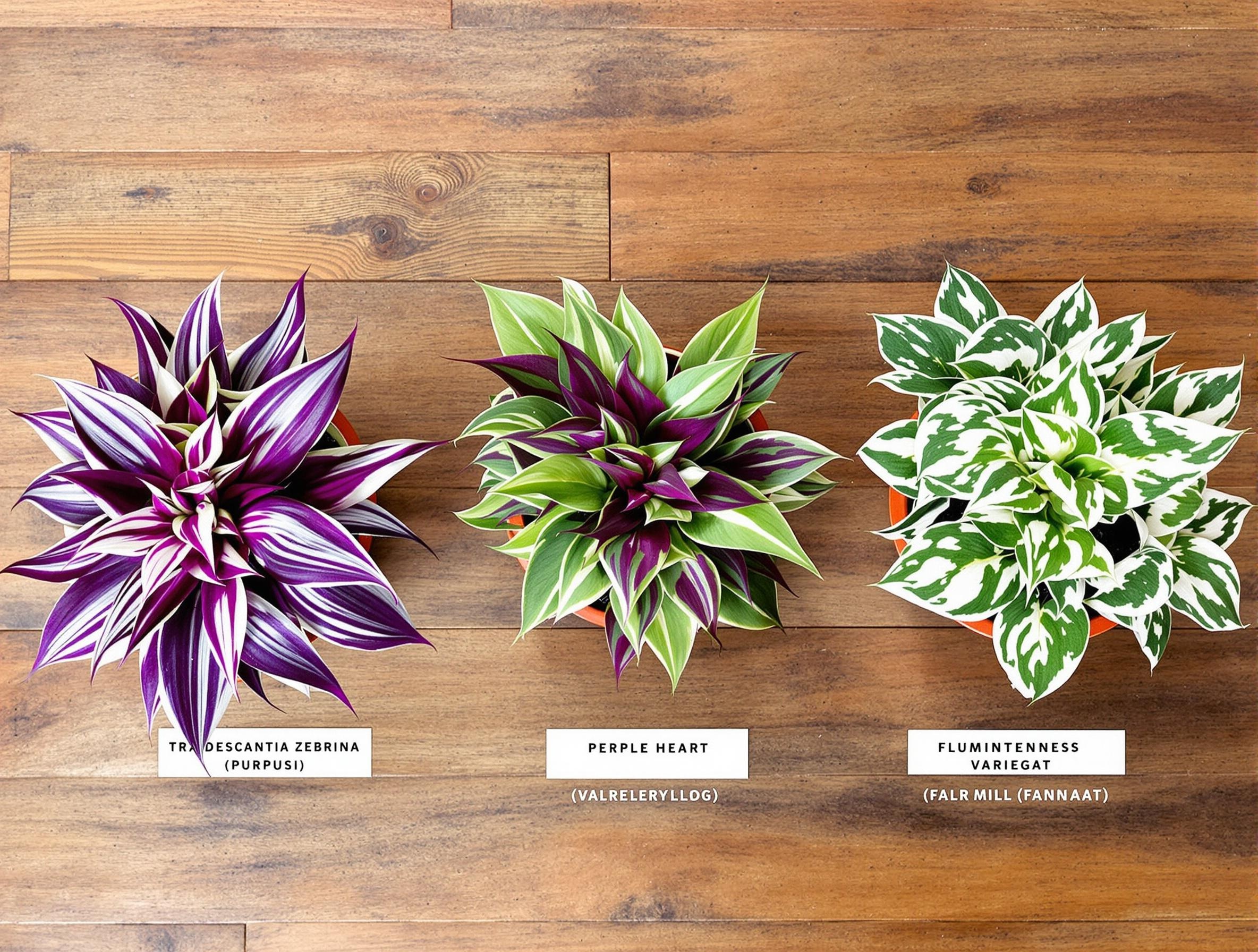 Comparatif des couleurs Tradescantia : Zebrina Purpusii, Pallida Purple Heart et Fluminensis Variegata sur une table en bois