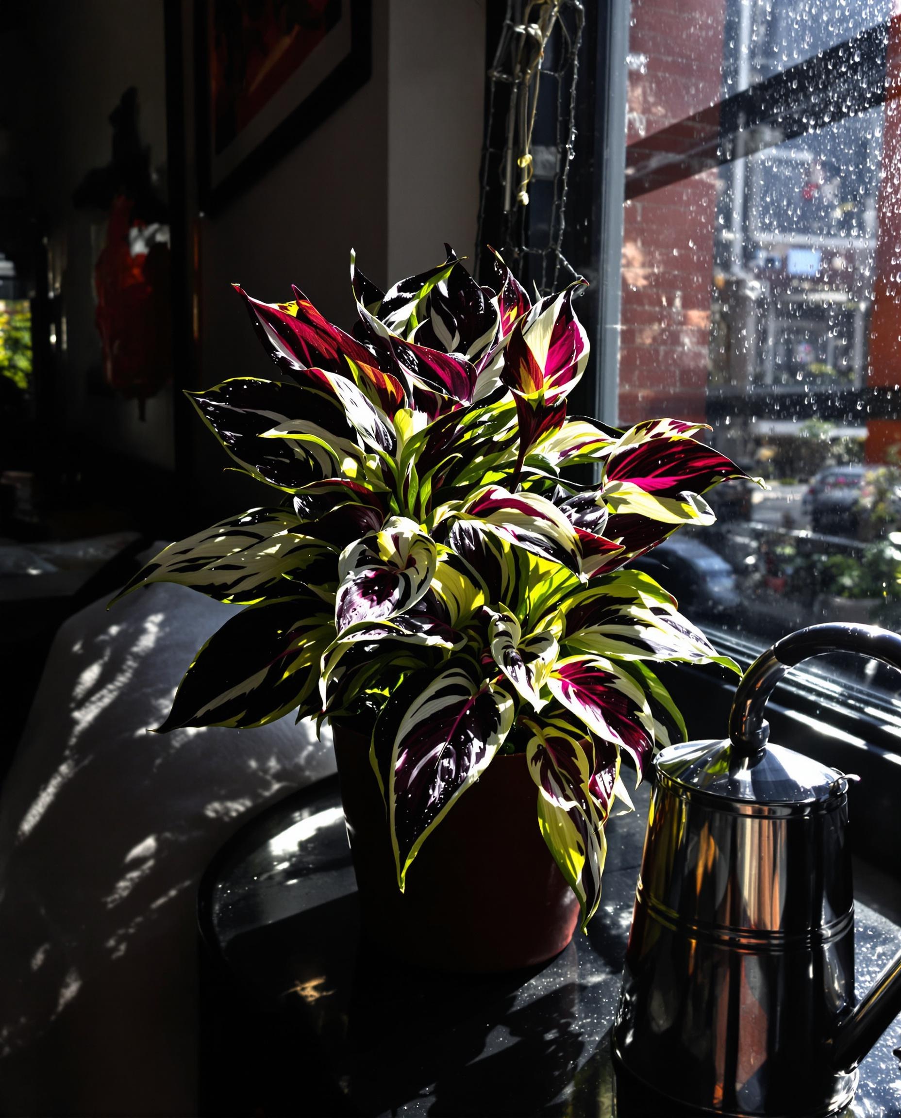 Tradescantia zebrina en pot avec arrosoir et gouttes d’eau sur les feuilles