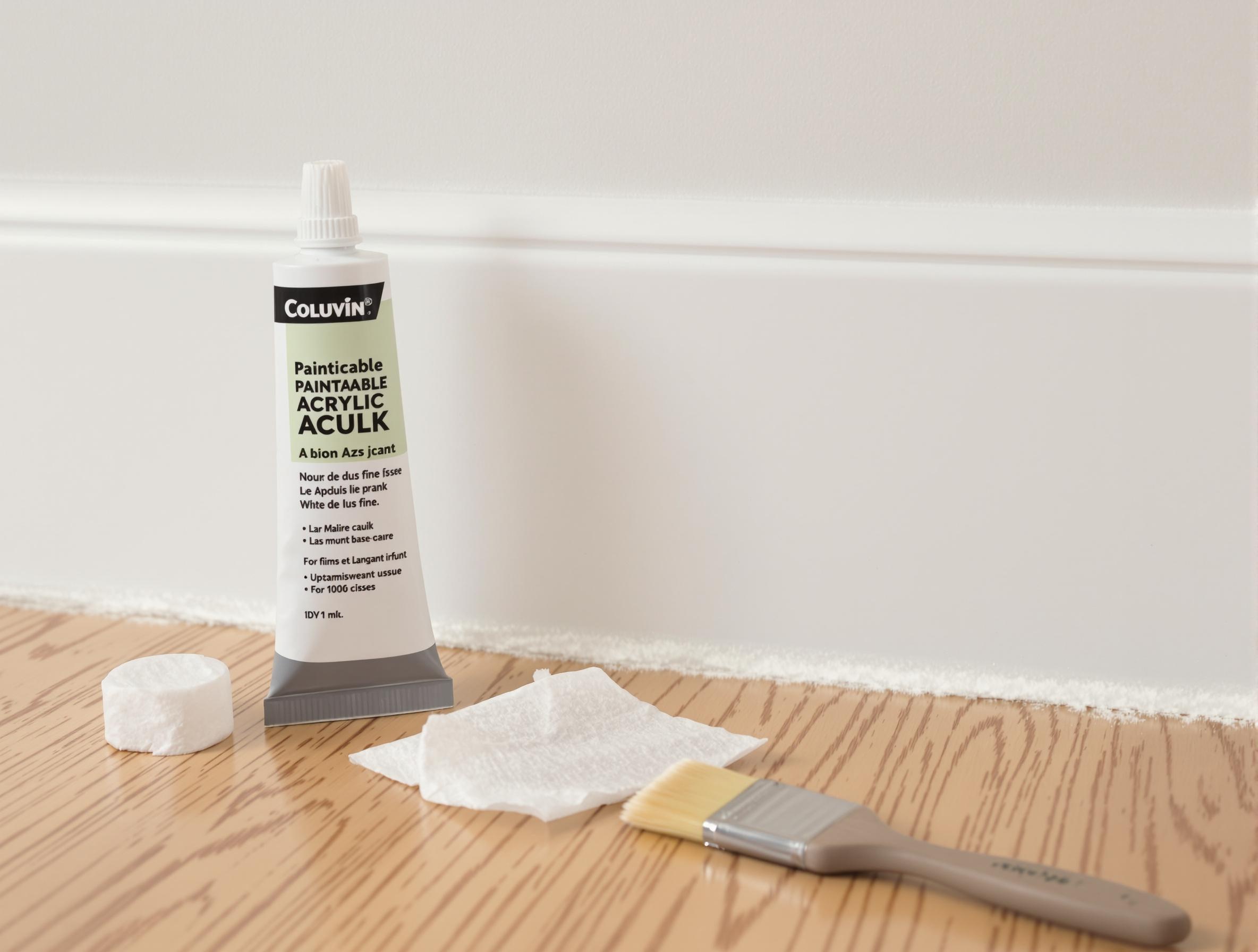 Tube mastic acrylique teintable, mouchoir humide et pinceau près du raccord de plinthe parfaitement fini