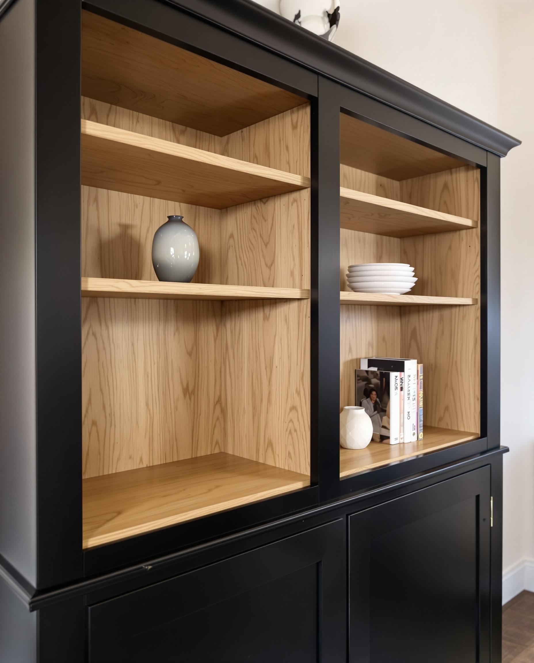Vaisselier chêne noir mat modernisé avec niches bois clair