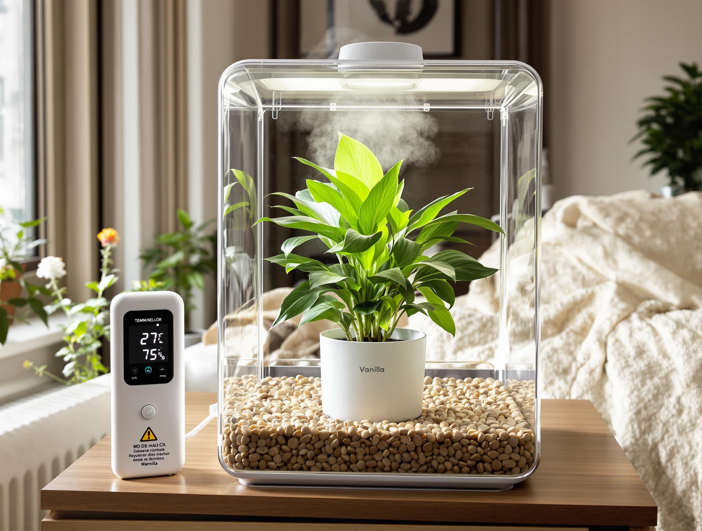 Vanilla planifolia en intérieur avec mini-serre, plateau à billes d’argile et brumisateur