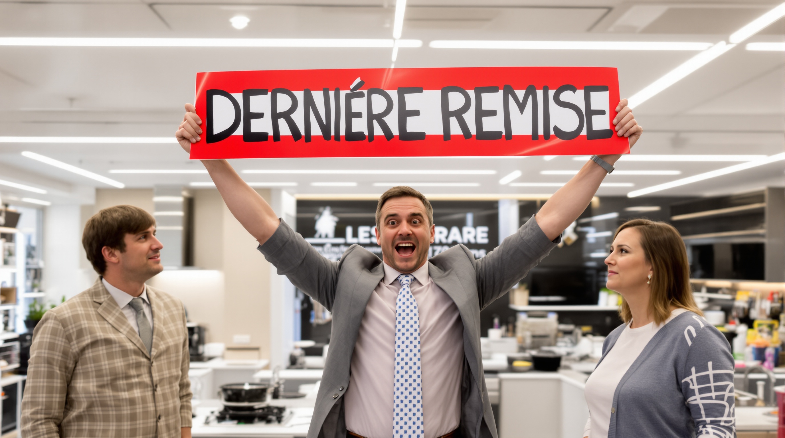 Vendeur enthousiaste montrant une remise géante en showroom