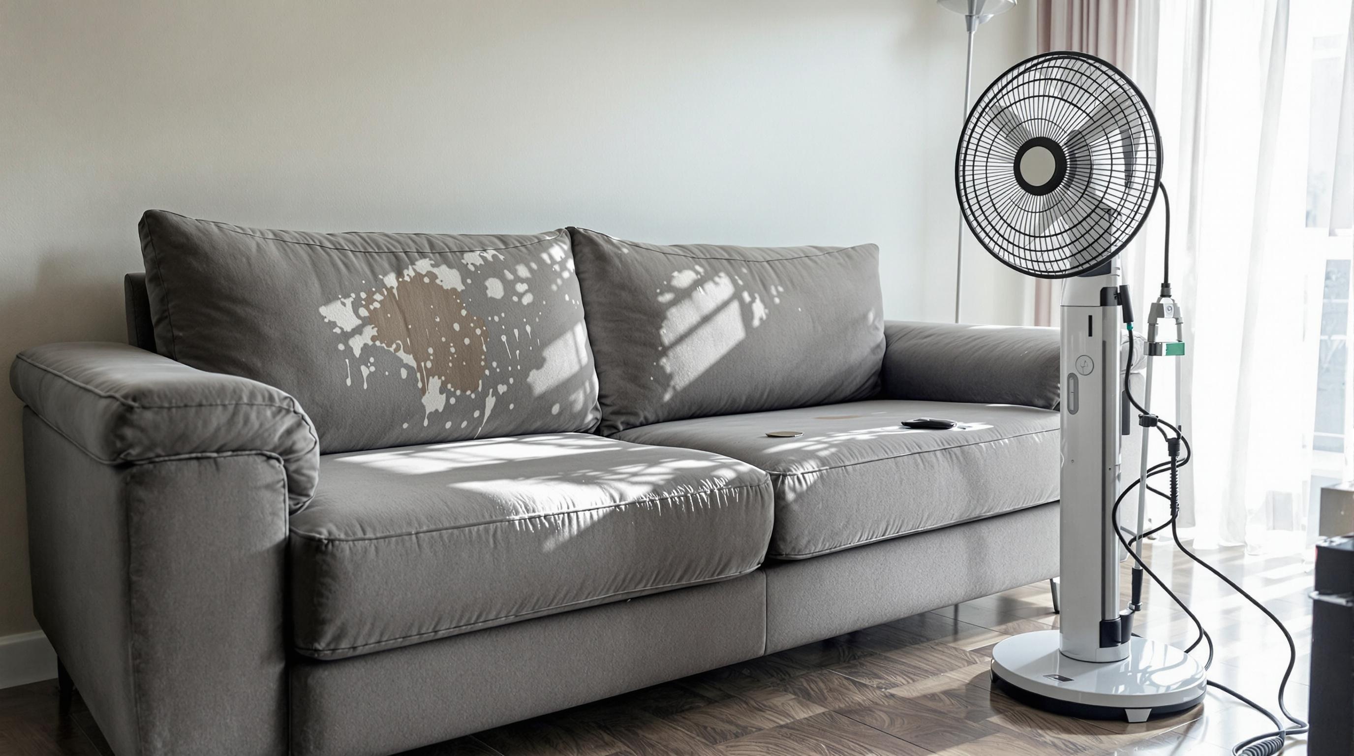 Ventilateur placé devant un canapé humide pour accélérer le séchage