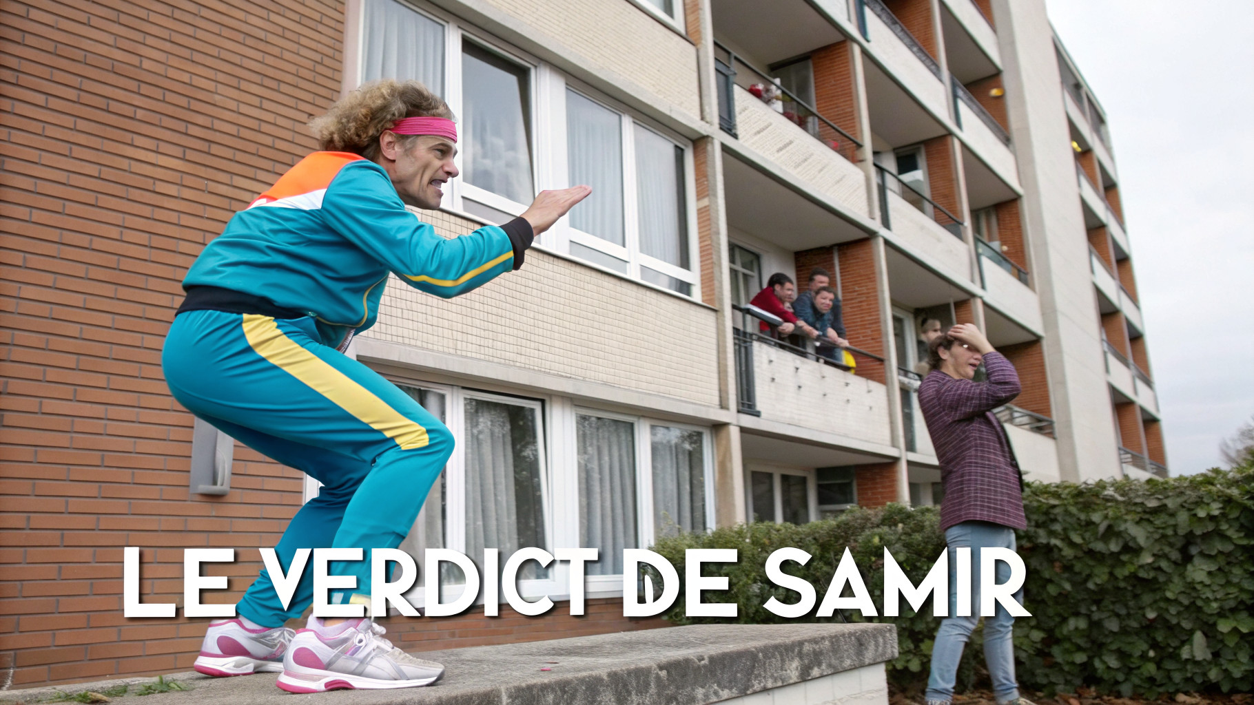 Coach sportif ironique façon années 80 conseille un immeuble – ambiance rétro décalée.