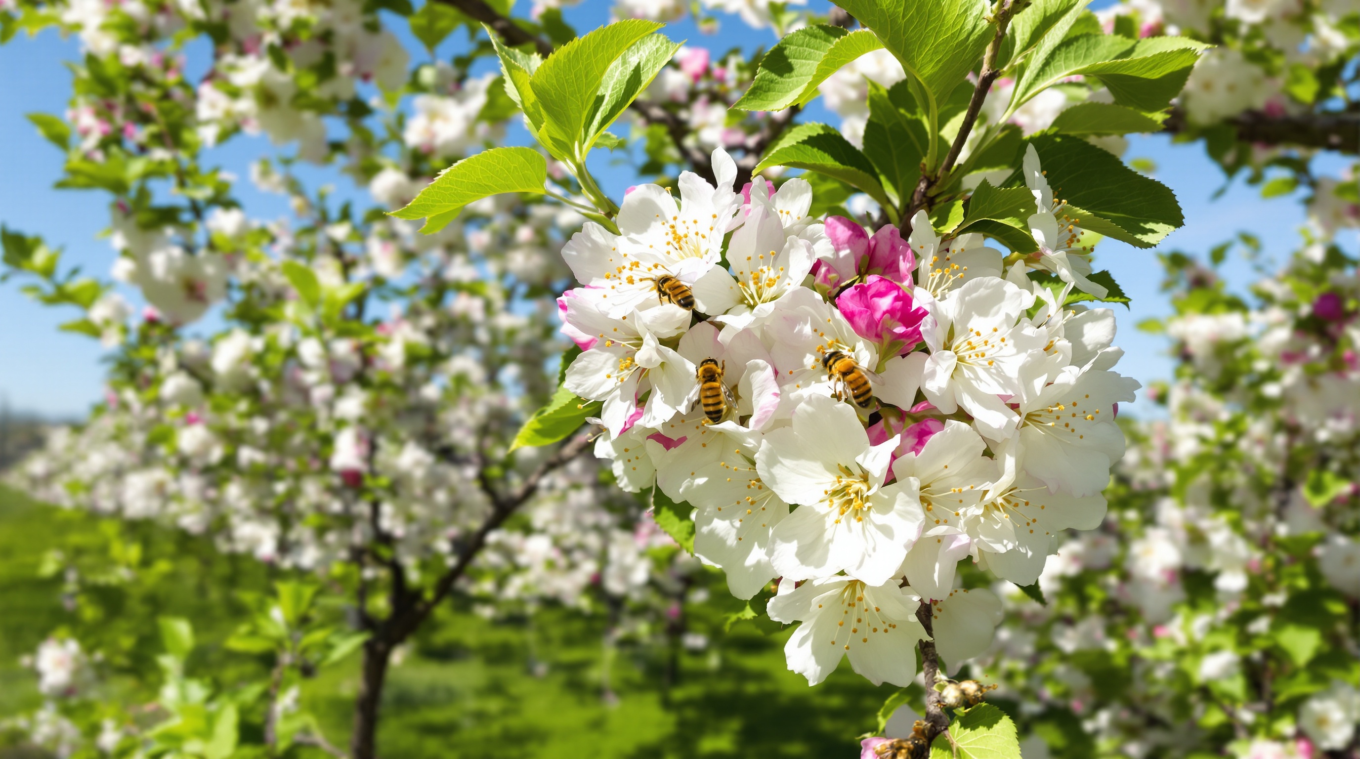 Pollen party dans un verger de pommiers en fleurs, abeilles