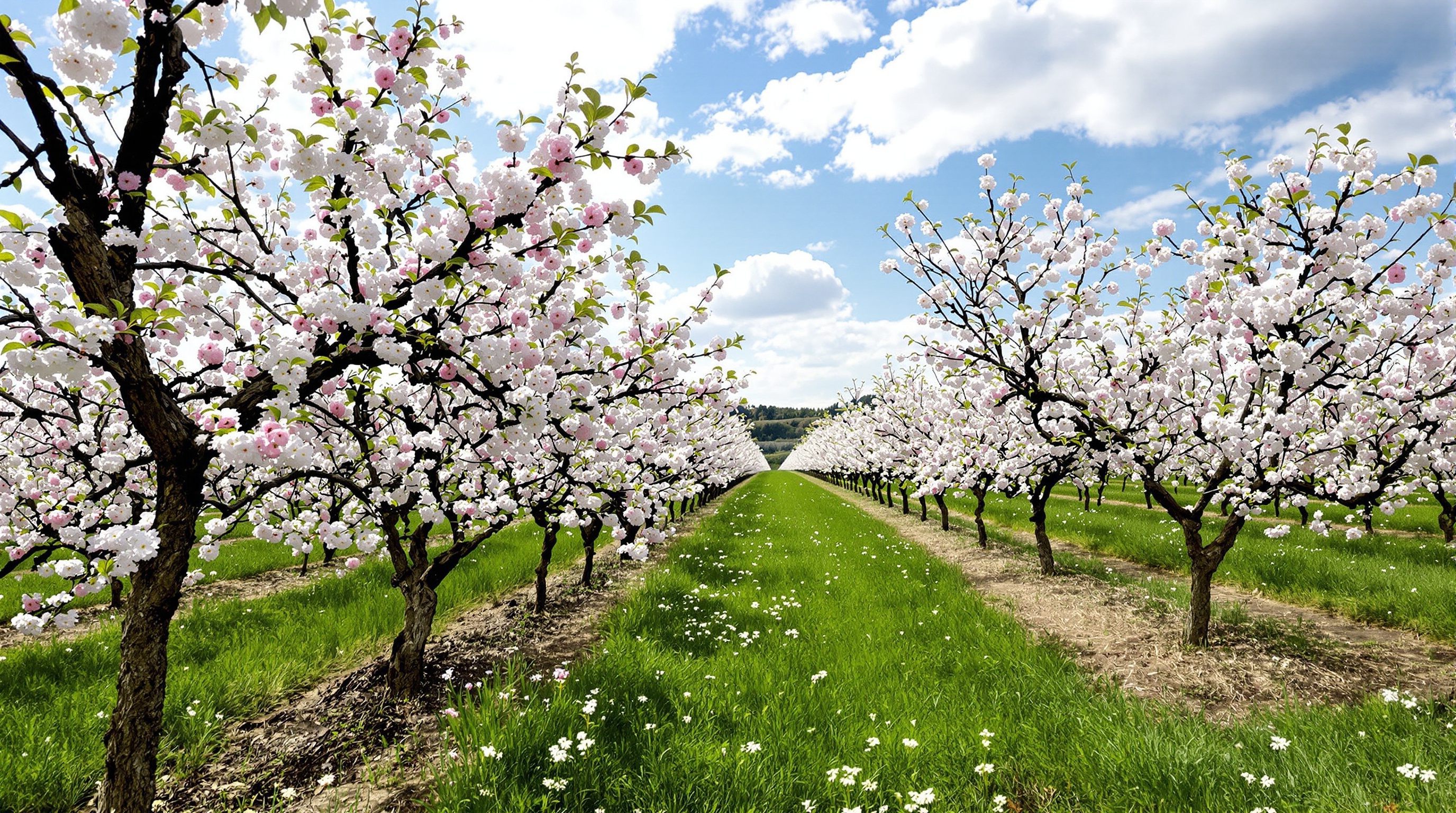Verger en fleurs montrant différentes variétés pollinisatrices.
