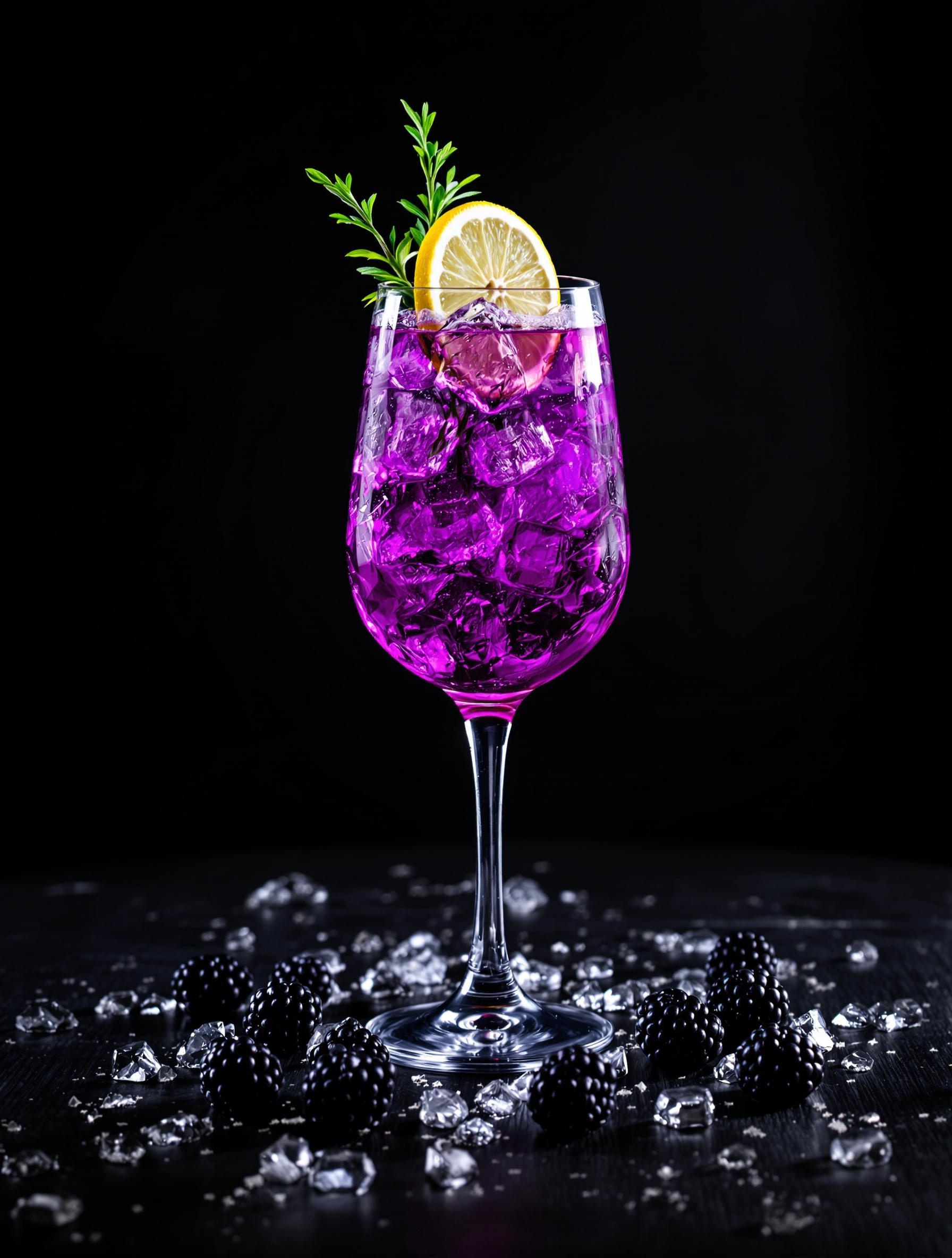 Verre de cocktail Purple Spritz, avec une couleur violette intense.
