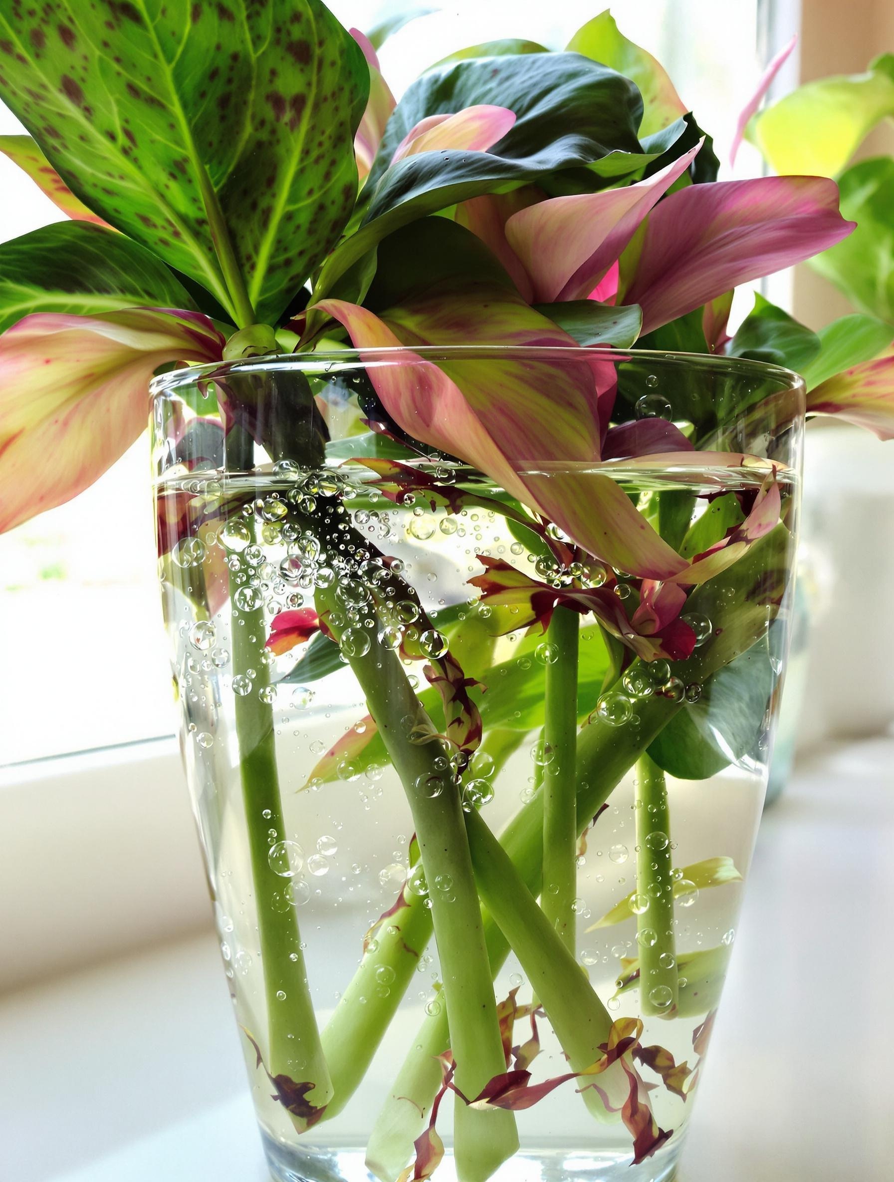 Boutures d’Impatiens de Nouvelle-Guinée dans un verre d’eau, bulles sur la tige, lumière de fenêtre