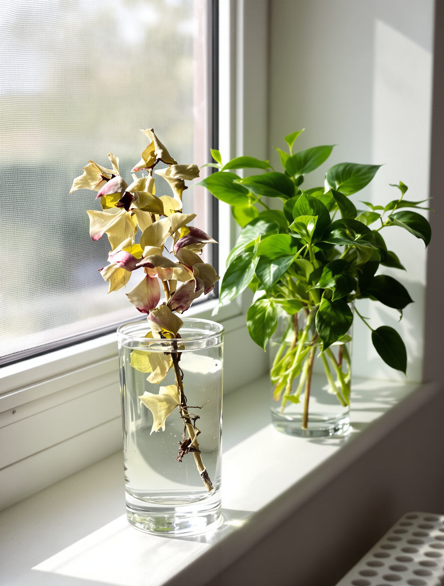 Verre d'eau avec bouture d'eucalyptus fanée et bouture de pothos en pleine forme