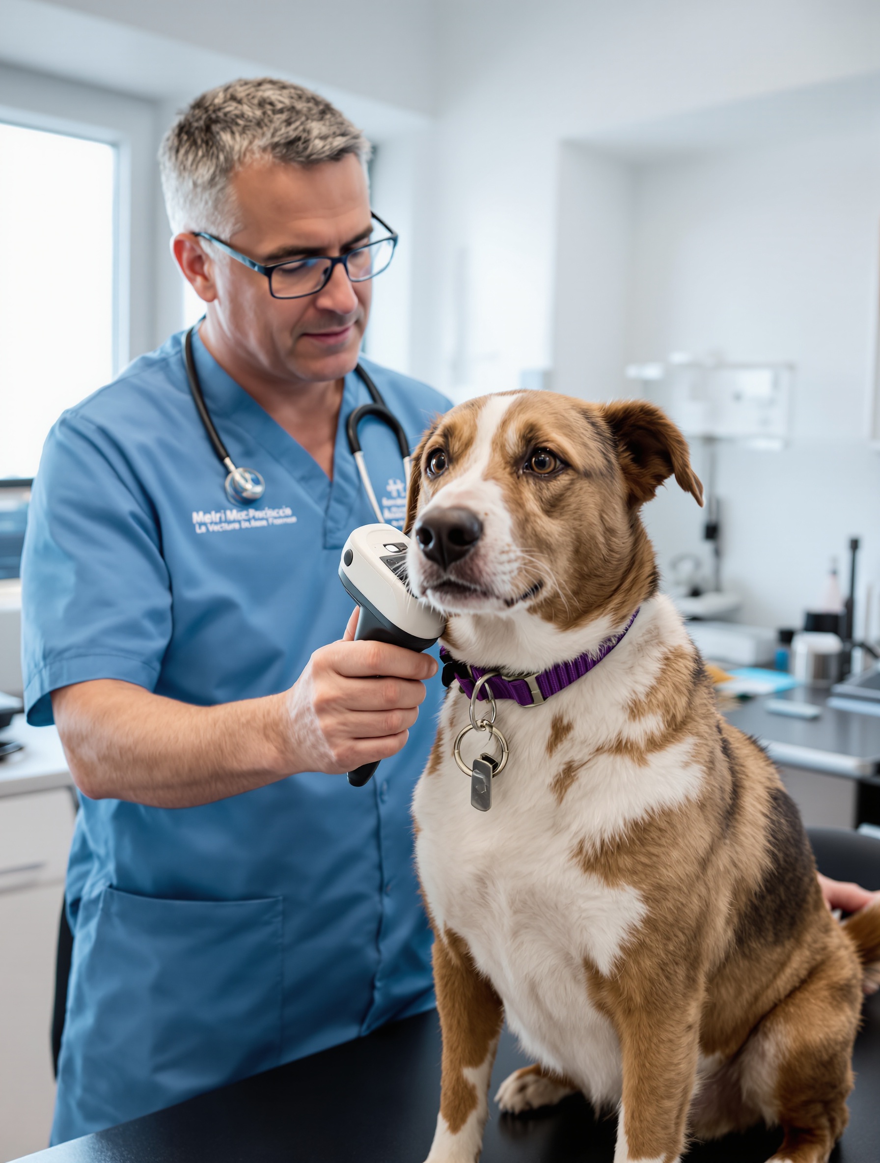 Un vétérinaire vérifiant l'identification par puce électronique d'un chien. C'est la seule vraie formalité administrative en France : un coût unique et utile, loin des taxes annuelles.