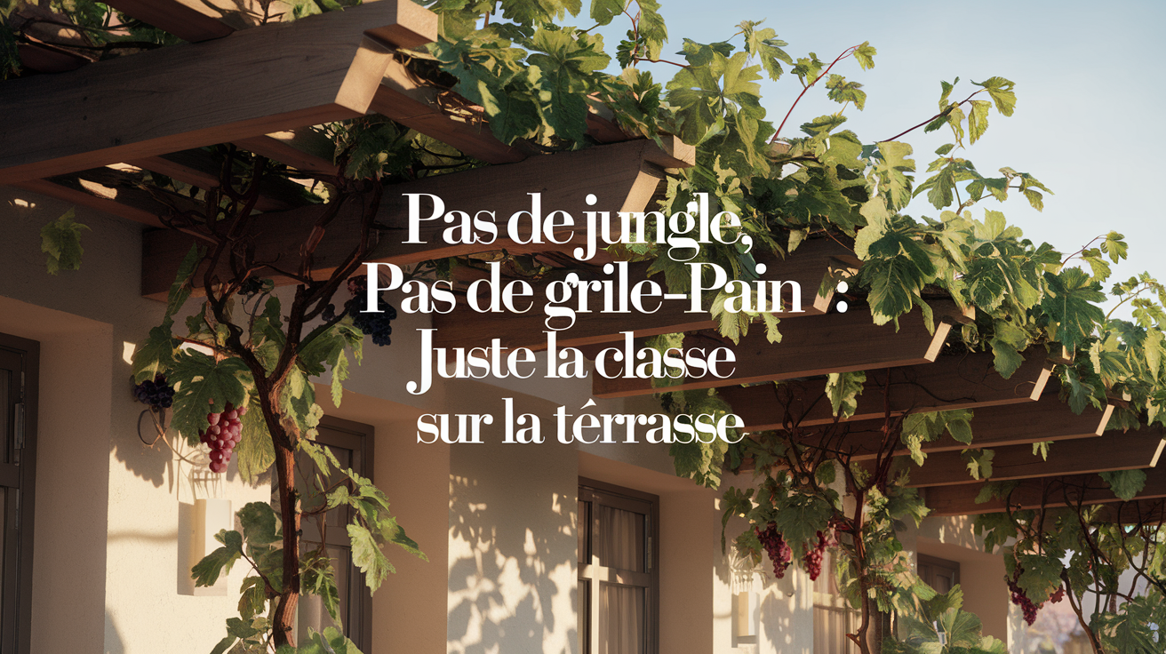 Vigne grimpante structurée sur pergola avec grappes et lumière