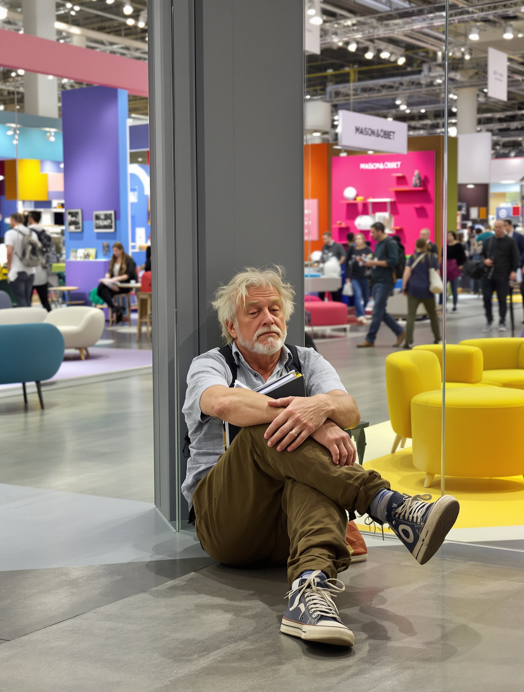 Visiteur fatigué Maison & Objet avec baskets usées, carnet, stands design et foule