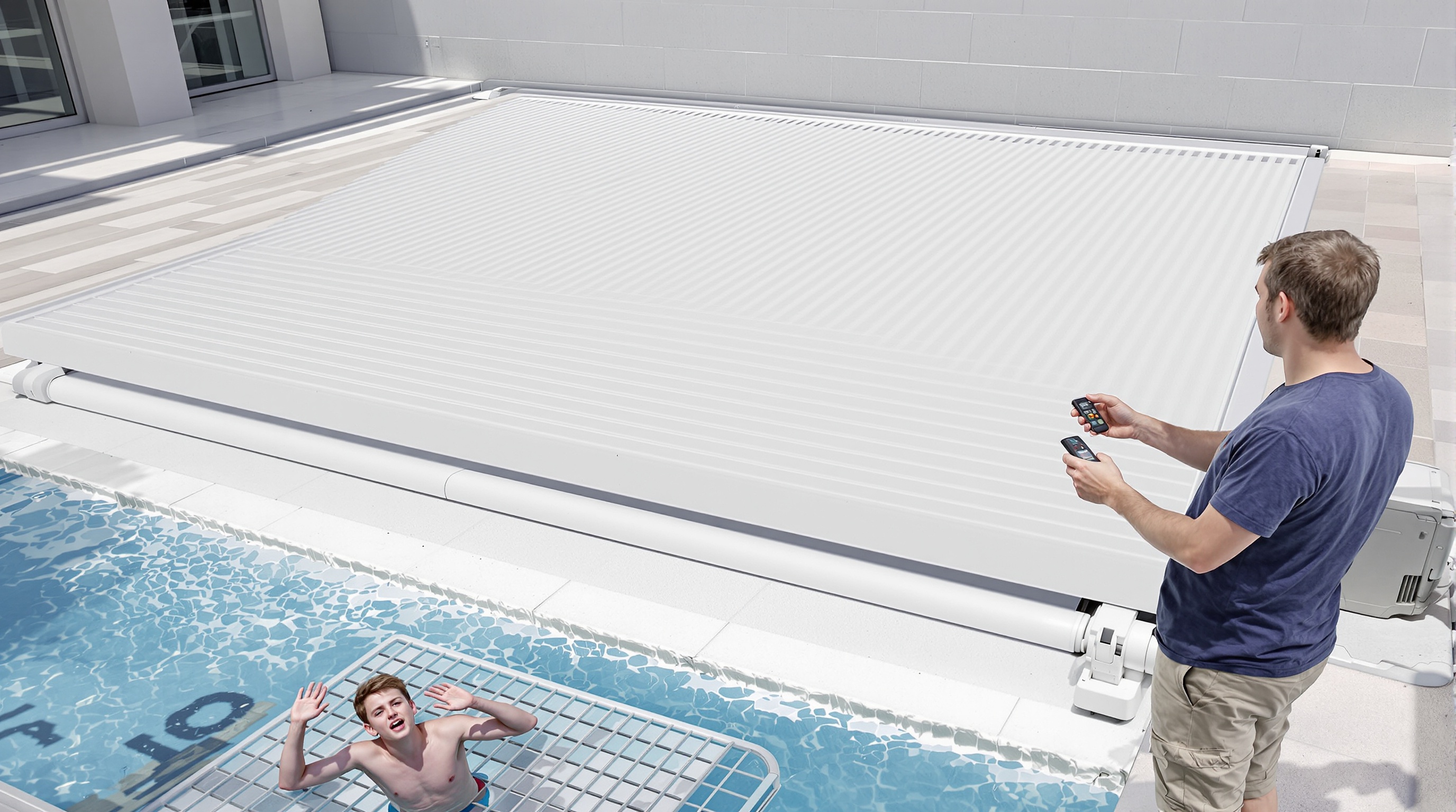 Volet roulant piscine blanc sécurisé, adolescent tentant de soulever sans succès.