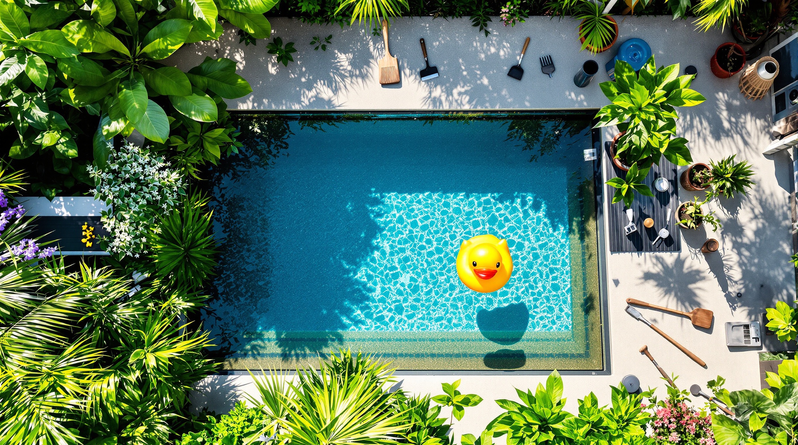 Vue aérienne décalée d'une piscine naturelle moderne et loufoque