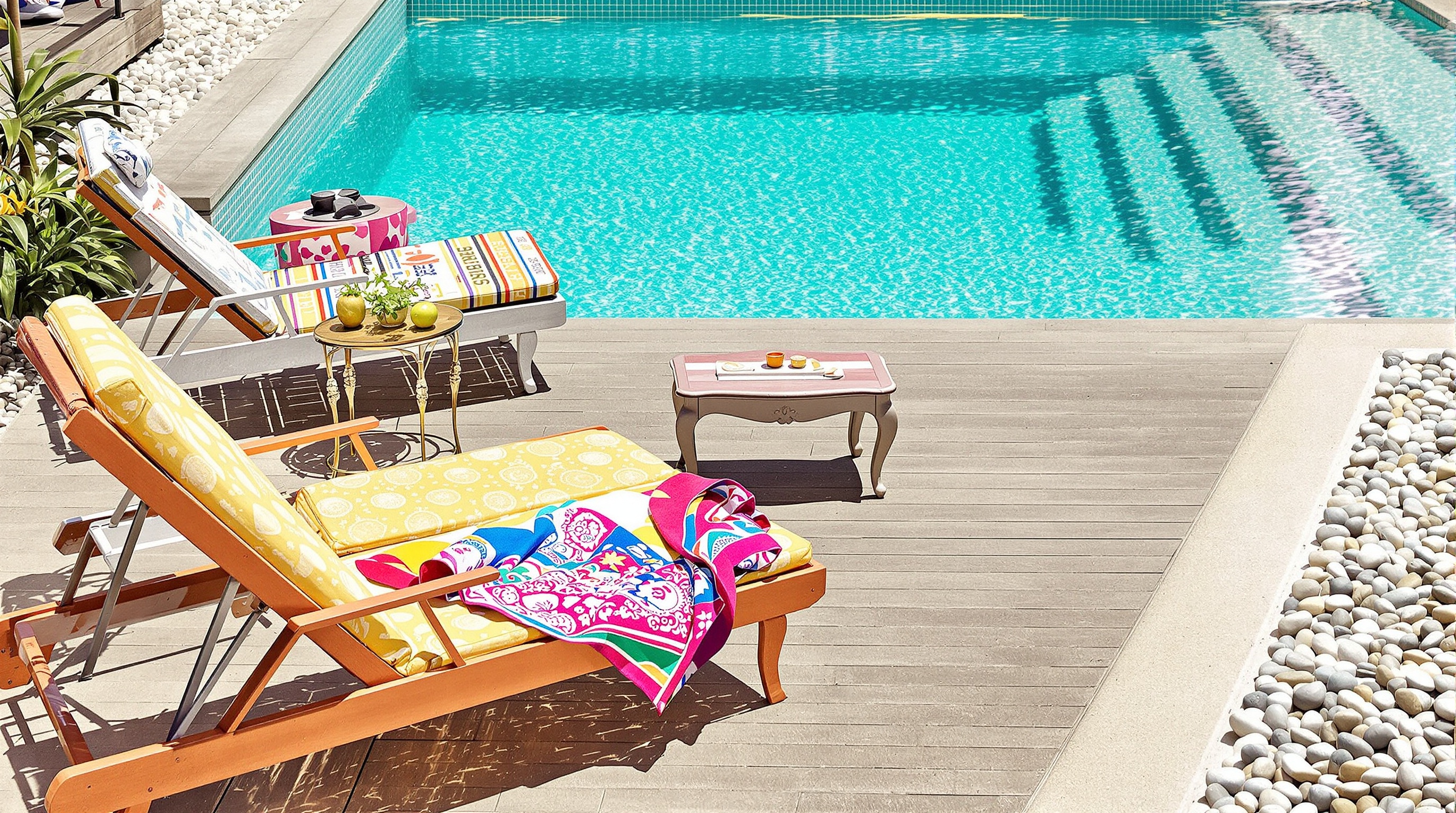 Zone bronzette piscine transats dépareillés table basse vintage