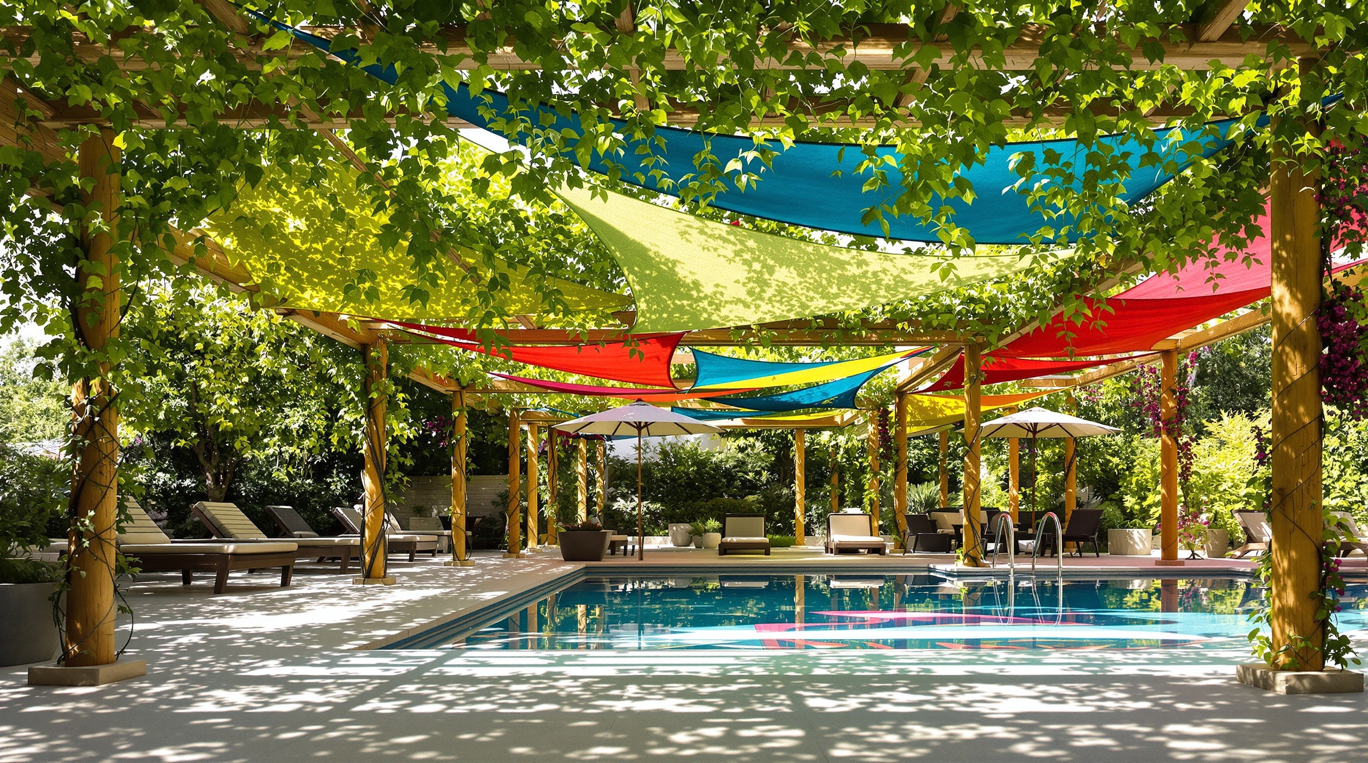 Zone ombre piscine pergola bois voiles d'ombrage ambiance relax
